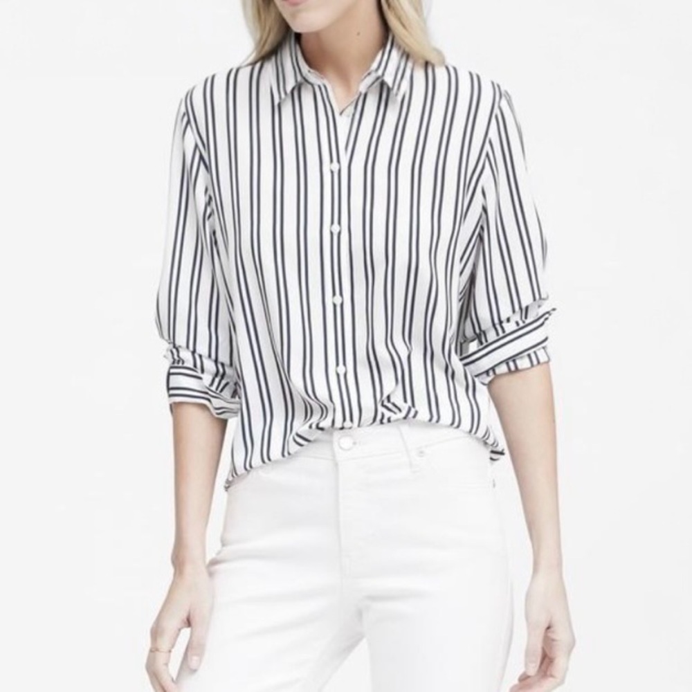 Banana Republic Dillon Classic Fit Striped Button-Up Shirt White Navy XS NWT